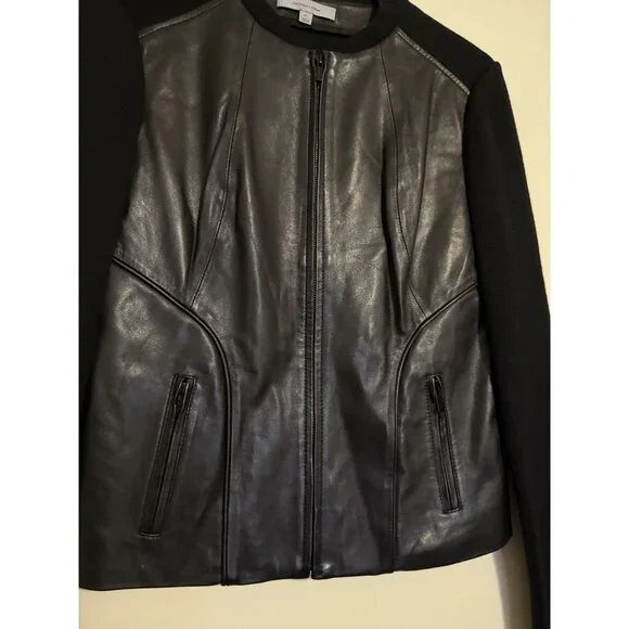 Classiques Entier Women's Black Leather Front and Wool Zip Up jacket Size XS - Picture 3 of 5